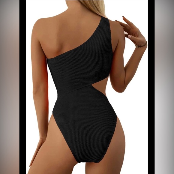 Black Cutout One Piece Swimsuit One Shoulder Waffle-Knit Monokini SIZE S/M - Picture 3 of 4